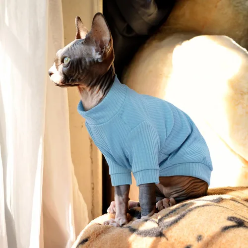 Vista 4 de PUMYPOREITY Ropa para Gatos: Camisa Elástica, Suéter con Mangas, Pijama de Forro Polar Suave para Gatos Sphynx, Devon Rex - Azul, XS
