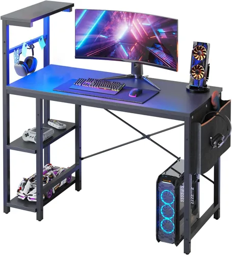 Vista 51 de Bestier Escritorio para juegos con tomas de corriente, escritorio LED grande de 61 pulgadas con estantes reversibles de 4 niveles, mesa