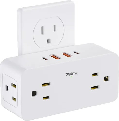 Extensor de salida de protección contra sobretensiones con enchufe giratorio, extensor de salida de enchufe múltiple con 4 divisores y 2 puertos USB
