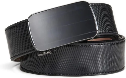 Vista 2 de Cinturón de cuero con trinquete para hombre con hebilla automática, negro/blanco/marrón, 1 3/8 de ancho, cinturón de vestir ajustable para hombres