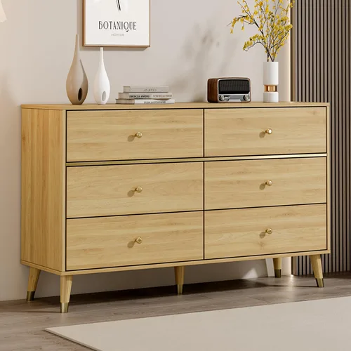 Vista 14 de Cómoda de 6 cajones, cómoda de mediados de siglo de 47 pulgadas de ancho, cómoda de madera con 6 cajones de almacenamiento para dormitorio, sala