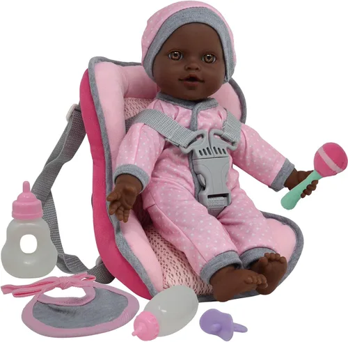 Juego de Viaje de Muñeca Afroamericana - Mochila Portabebés de Asiento de Carro con Muñeca de Cuerpo Suave de 12 Pulgadas Incluye Biberones de