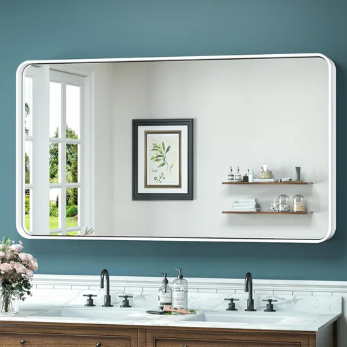 Vista 17 de TokeShimi Espejo de pared de baño de níquel cepillado de 20 x 30 pulgadas, marco de metal, esquina redonda, rectangular, para decoración del hogar