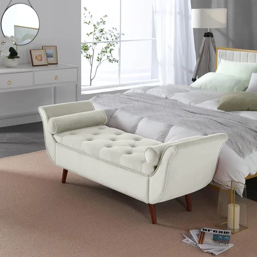 Vista 8 de Banco de almacenamiento al final de la cama para dormitorio, banco de almacenamiento de terciopelo tamaño King de 65" con 2 almohadas, banco sofá