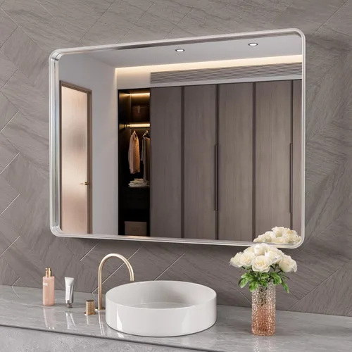 Vista 39 de JISOSO - Espejo de baño negro de 20x30 pulgadas con marco de metal negro, espejo de tocador rectangular redondeado con acabado mate para pared