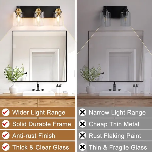 Vista 2 de Lámpara de baño negra y dorada, 3 luces de tocador de oro cepillado, 18.8 pulgadas, accesorios de iluminación de baño modernos de granja sobre