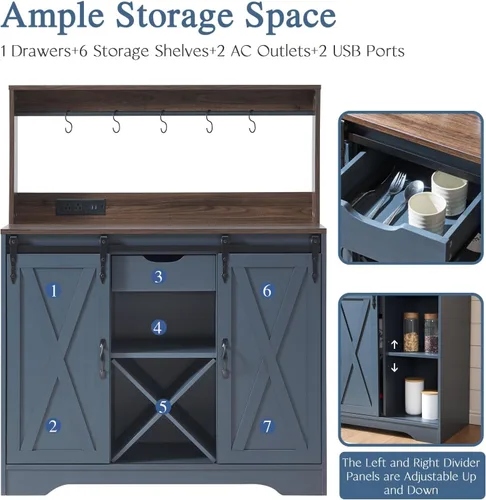Vista 6 de Wnutrees Armario de barra de café de granja con estación de carga y puertos USB, puerta corrediza de granero, aparador de cocina de 39 pulgadas