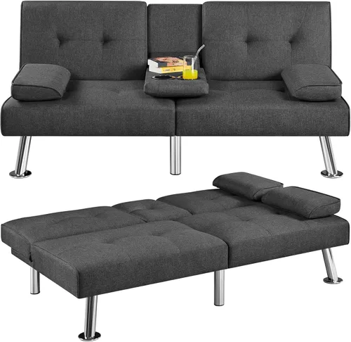 Yaheetech Sofá biplaza cama, convertible, tela, ajustable, moderno, reclinable, reversible, plegable, reposabrazos extraíbles, portavasos, 3