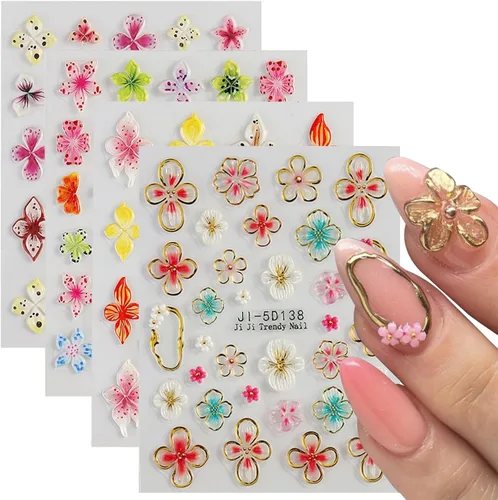 4 hojas de calcomanías de flores para arte de uñas, calcomanías de hibisco en relieve 5D, rosa, blanco, lirio, hibisco, flores tropicales, verano,