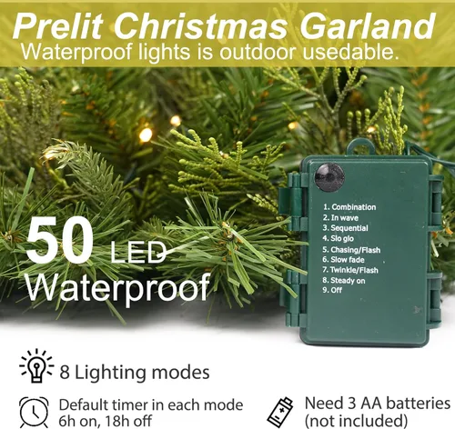 Vista 4 de Guirnalda de Navidad con 50 luces de 9 pies, guirnalda de Navidad preiluminada con hoja de ciprés, decoración de Navidad a pilas para escaleras