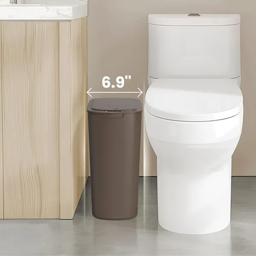 Vista 4 de Cesun Basurero de baño con tapa, cubo de basura con sensor de movimiento de 5 galones, pequeño cubo de basura automático, papelera delgada de Marrón