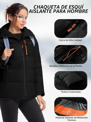 Vista 4 de Chaqueta aislante para mujer, resistente al viento, impermeable, con capucha, para esquí, snowboard, con múltiples bolsillos