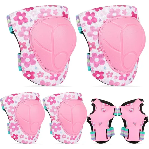 Vista 8 de FIODAY Rodilleras para niños, conjunto de equipo de protección ajustables para niños, rodilleras y coderas con protector de muñeca para niñas