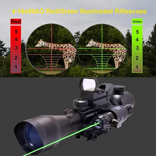 Vista 3 de Rifle Optics Red Dot Laser 4-12x50 Illuminated Scope Combo with 4 Reticle Red Green Reflex Sight, Green Dot Laser Sight