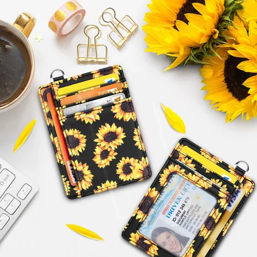 Vista 3 de Cartera delgada con bolsillo frontal RFID para tarjetas de identificación, bonita cartera pequeña con llavero para mujer