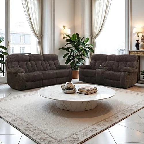 Vista 10 de Juego de sofá reclinable manual de pana extragrande para sala de estar, juego de sofá de pana con mesa desplegable y portavasos para Beige