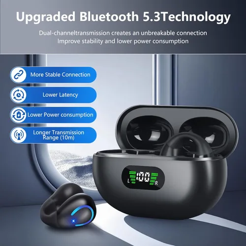 Vista 5 de Auriculares ultra abiertos Bluetooth 5.3 inalámbricos con clip con pantalla digital, estuche de carga de 60 horas de reproducción, auriculares