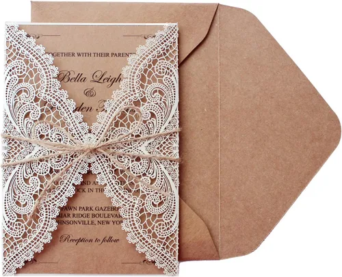 Kit de 50 invitaciones rústicas de encaje cortado con láser, 5 x 7.3 pulgadas, invitaciones rústicas de papel kraft en blanco para bodas, despedidas