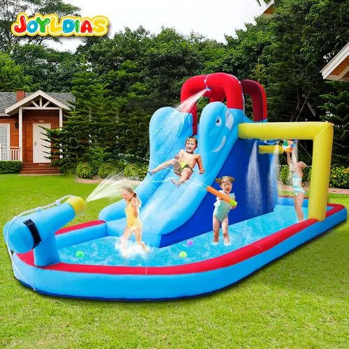 Vista 7 de JOYLDIAS Castillo inflable con tobogán acuático, casa de juegos con piscina de chapoteo, pared de escalada, aro de baloncesto y bolsa de transporte
