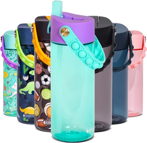 Vista 75 de Elemental Botellas de agua para niños – Botella de agua para niños Splash para la escuela con mango Pop-it – Botella de agua de plástico Tritan sin