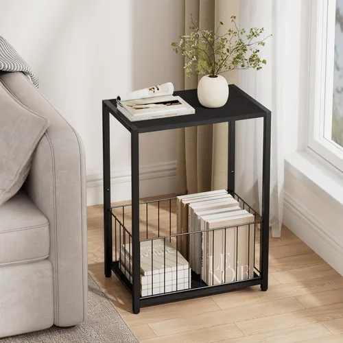 Vista 2 de Homleke Mesa auxiliar con soporte para revistas, soporte para tocadiscos con estante LP, mesa auxiliar para sala de estar, dormitorio o mesita
