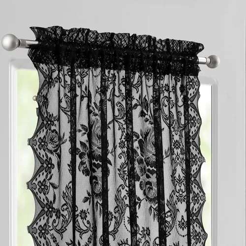 Vista 2 de Warm Home Designs Cortinas negras para puerta francesa. El par de cortinas de encaje con rosas inglesas viene con 2 alzapaños gratis. Las cortinas