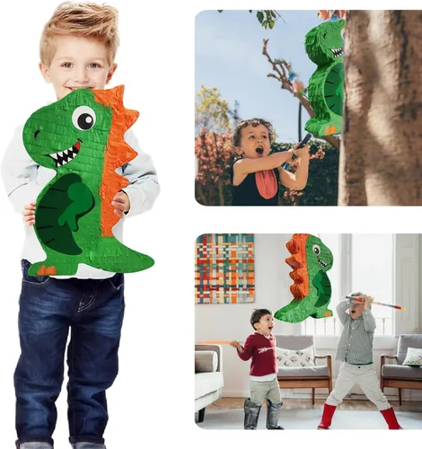 Vista 4 de Piñata de dinosaurio para fiesta de cumpleaños de niños con papel de murciélago y confeti (16.5 x 12.2 x 3 pulgadas)