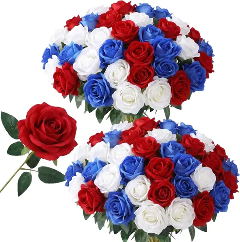 Vista 18 de 50 rosas artificiales, ramo de rosas rojas falsas, rosas rojas de seda artificial con tallos para decoración de flores de boda, día de San Valentín