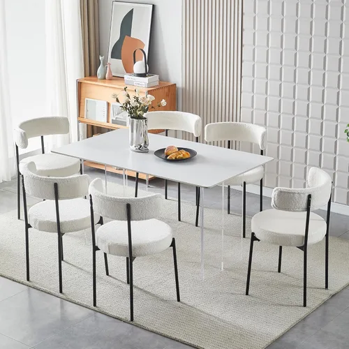 Vista 8 de Honyee Sillas de comedor blancas, juego de 2 sillas de comedor modernas, sillas de comedor redondas de forro polar de peluche, sillas de comedor