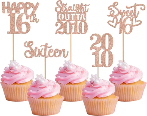 Vista 124 de 30 piezas de decoraciones para pastel de cumpleaños número 10, decoraciones de cupcakes negras con brillo, 10 feliz cumple, directo desde 2016, 10