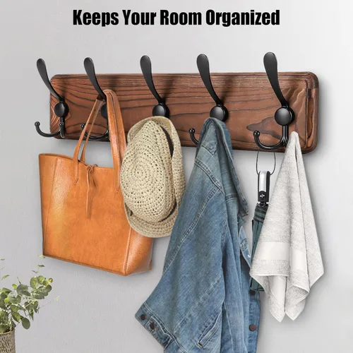 Vista 3 de Gohiuo Perchero Rústico para Montaje en Pared, Ganchos de Pared de Madera con 5 Ganchos Triples, Perchero de Madera Resistente para Colgar