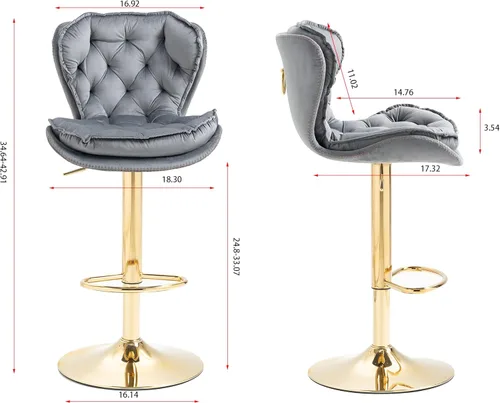 Vista 2 de Set of 2 Stools,with Footrest,Velvet,Metal Leg, Upholstered,Base Swivel, Height Adjustable,Comfortable Seating,with backrest,Living Room, Dining