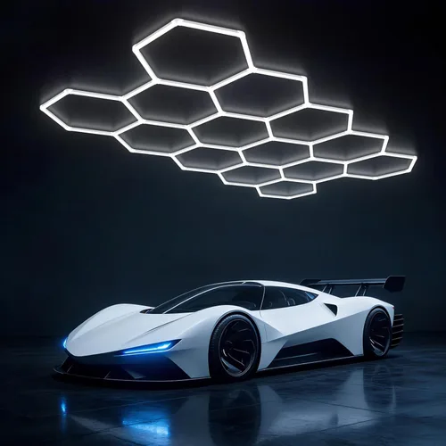 Vista 9 de Luces Hexagonales de Cochera - Luces Hexagonales Atenuables de 3 Etapas, Luz de Panal de Abeja de 6500K 17280LM para Detalles de Techo de Coche