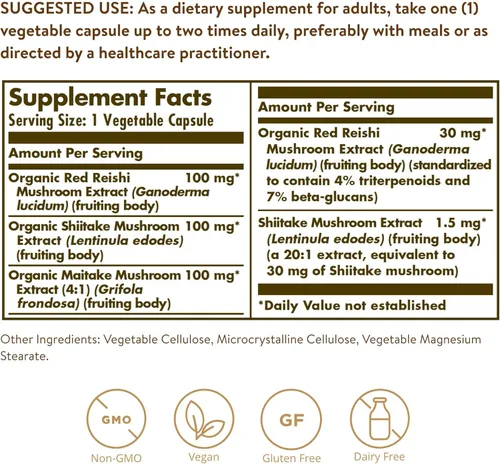 Vista 2 de Solgar Complejo de hongos múltiples, 50 cápsulas vegetales – Reishi, Shiitake, extracto de hongo Maitake – Fuente natural de beta-glucanos – Sin