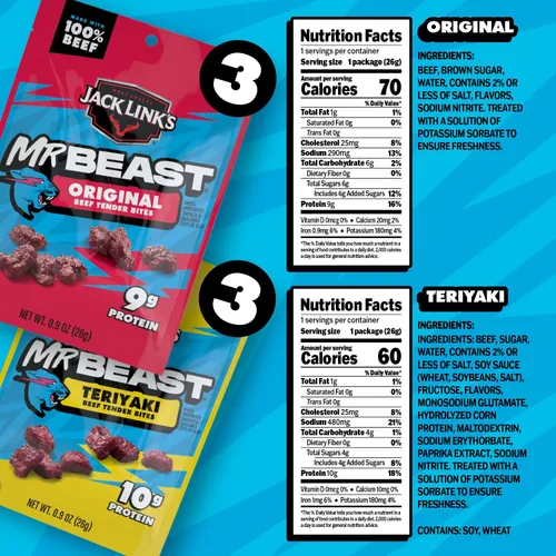 Vista 3 de Jack Link's MrBeast Original y Teriyaki - Cecina de res (paquete de 6) 5.4