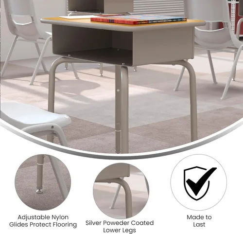 Vista 14 de EMMA + OLIVER Buckley - Escritorio para estudiantes, parte superior con acabado de granito sintético gris, marco de metal plateado, caja frontal