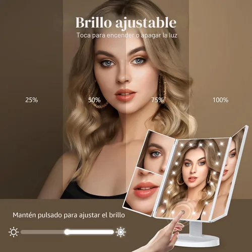 Vista 3 de HUONUL - Espejo para maquillaje con luces LED, aumento de x1, x2 y x3, iluminado, control táctil, espejo triple plegable, fuente de alimentación