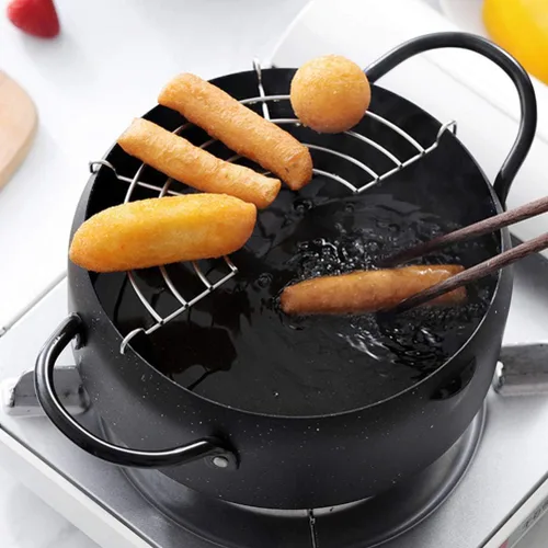 Vista 2 de Hemoton Freidora portátil Tempura sartén estilo japonés sartén sartén sartén tempura freidora con escurridor de aceite para pollo camarones papas