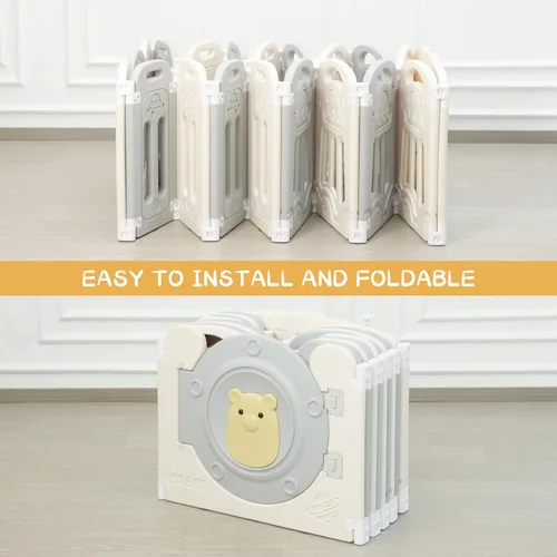 Vista 5 de Corralito para bebés con puerta con cerradura, panel de juegos ajustable, patio de juegos plegable para niños pequeños, valla de seguridad de 14