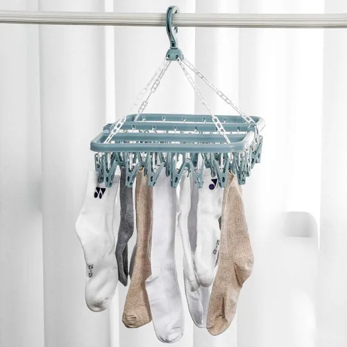Vista 6 de Percha para secar ropa con 32 pinzas y estante plegable para colgar (Azul Claro)