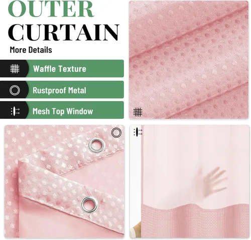 Vista 11 de Cortina de ducha de tela Dynamene verde oscuro - Cortinas de baño de tela de nido de abeja texturizadas resistentes, juego de cortinas de baño