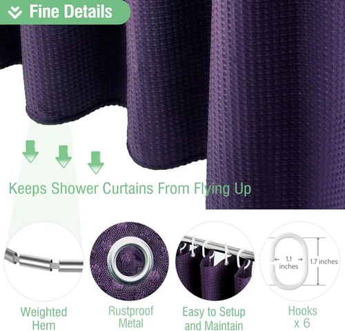 Vista 546 de Cortina de ducha de tela Dynamene verde oscuro - Cortinas de baño de tela de nido de abeja texturizadas resistentes, juego de cortinas de baño