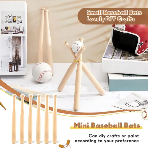 Vista 3 de Marsui Paquete de 12 mini bates de béisbol sin terminar de 8 pulgadas, de madera sin pintar, para pintar, llavero, figuras de acción, proyectos