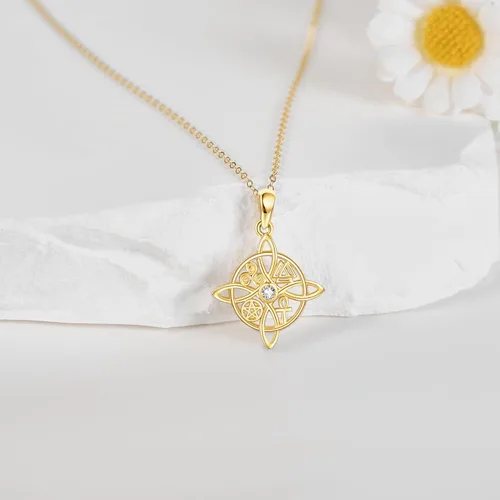 Vista 4 de Collar de oro de 14 quilates con nudo de bruja, gato, girasol, oro amarillo sólido de 14 quilates, diseño de girasol, egipciobruja, regalo