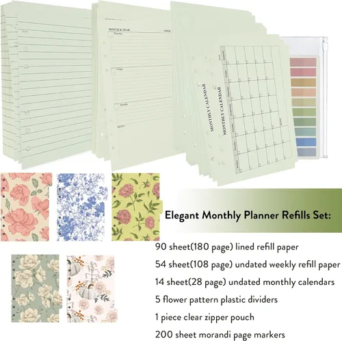 Vista 2 de Papel de Recambio A5 de 90+54+14 con Insertos de Planificador de Calendario Semanal Mensual Sin Fecha, Papel de Hojas Sueltas de 6 Anillas