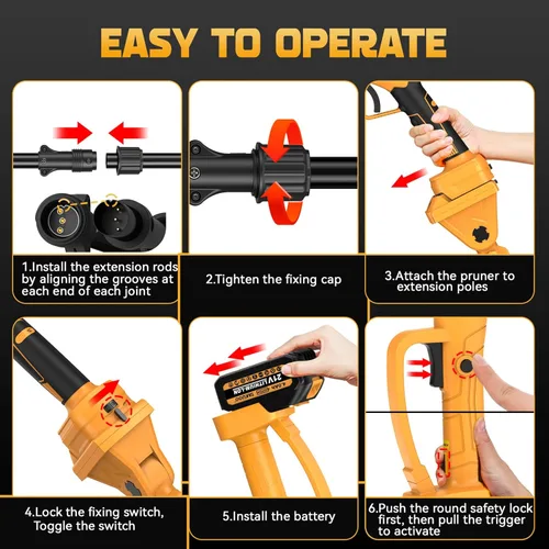 Vista 3 de Takuoo Tijeras de Podar con Pértiga 2 en 1 Inalámbricas, Tijeras de Podar Eléctricas de 1.6" de Diámetro de Corte con Pértiga de Extensión, Podadora