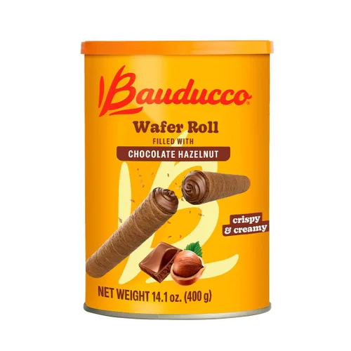 Bauducco Rollos de oblea, chocolate y avellana, 14.1 onzas (paquete de 1) – Galletas rellenas de crema crujiente – Palitos de oblea enrollados