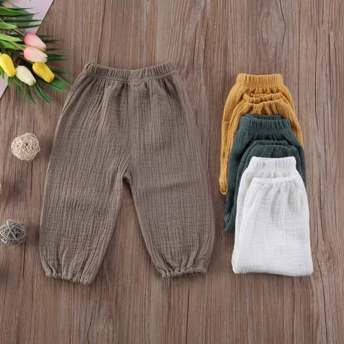 Vista 12 de Paquete de 3 pantalones de algodón y lino para bebés, niños y niñas, color liso, ropa básica para bebés