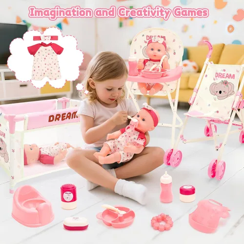 Vista 6 de deAO Juguetes de Cochecito de Muñeca Bebé con Muñeca Bebé de 12" Accesorios Cama de Cuna Silla Alta Conjunto de Juego de Roles de Guardería Tapete