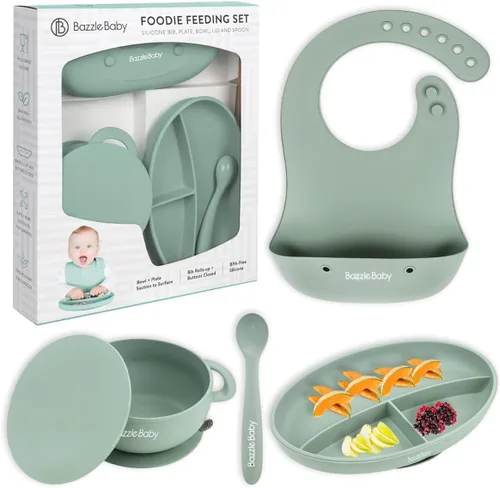 Vista 9 de Bazzle Baby Foodie Feeding Set for babies - roll up bib suction plate, bowll